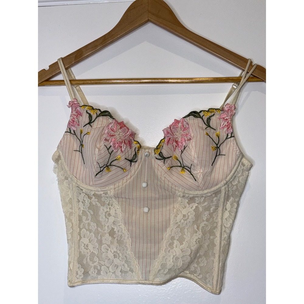 Y2K Size XL Pink K Floral Embroidered Lace Corset Top Cream Coquette Pinstripe